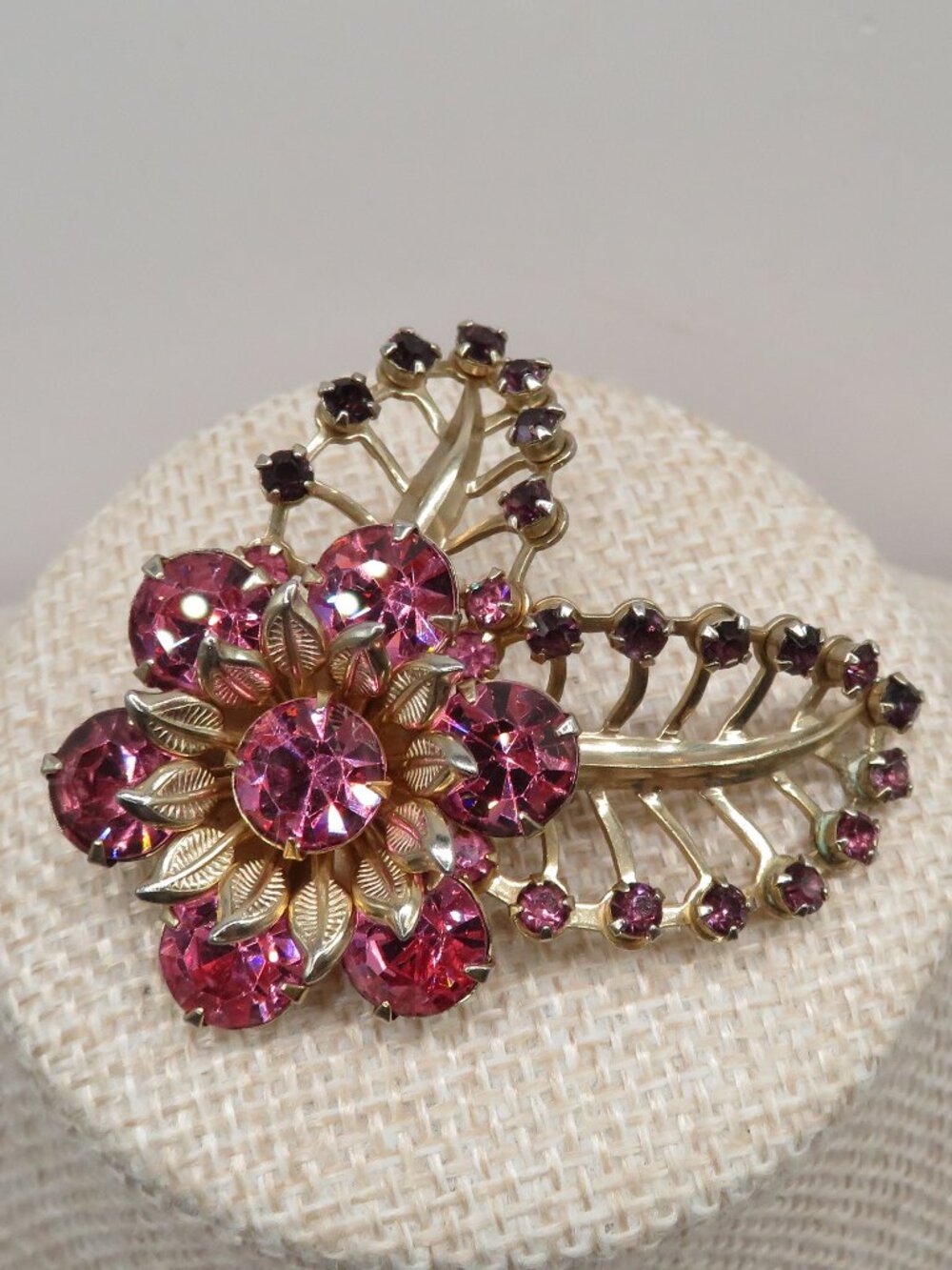 Vintage Floral Pink Purple Rhinestone Gold Tone Brooch